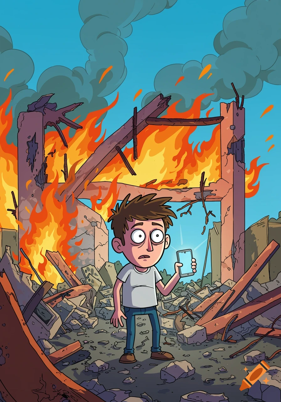 A cartoon man looks shocked holding a phone in front of a burning, destroyed building.