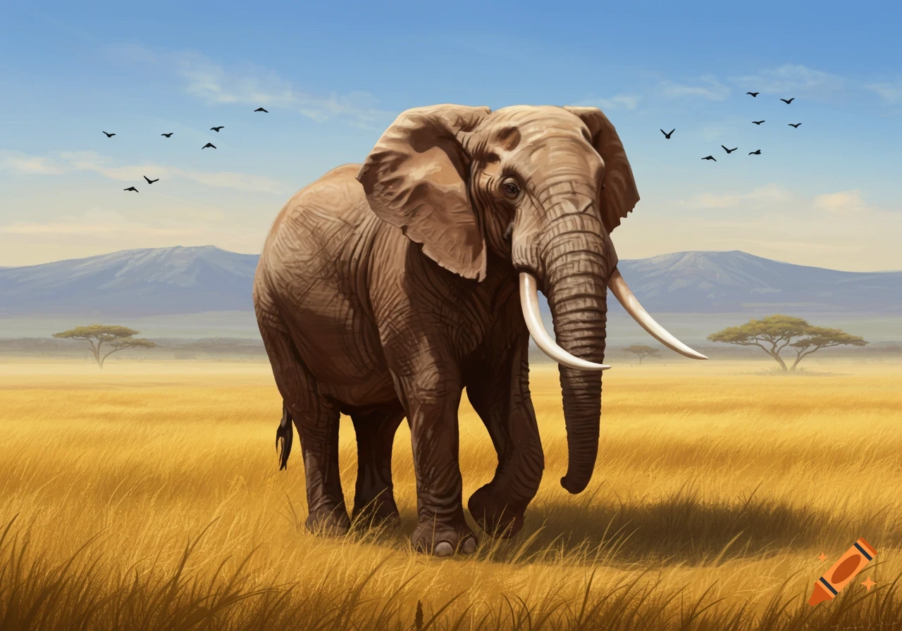An elephant with large tusks walks through a golden savanna under a blue sky, with distant mountains and birds.