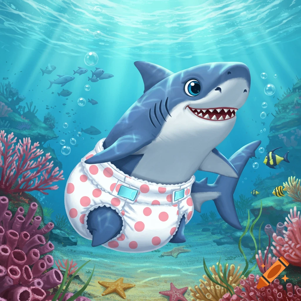 A smiling, cute baby shark wearing a white diaper with pink polka dots swims in a vibrant cartoon underwater scene with coral and fish.