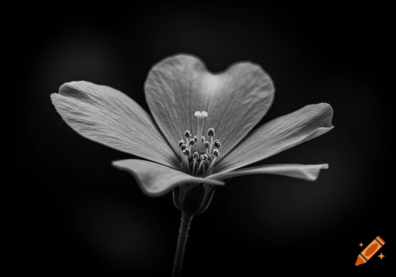 A black and white close-up photograph of a single flower with delicate petals and prominent reproductive parts.