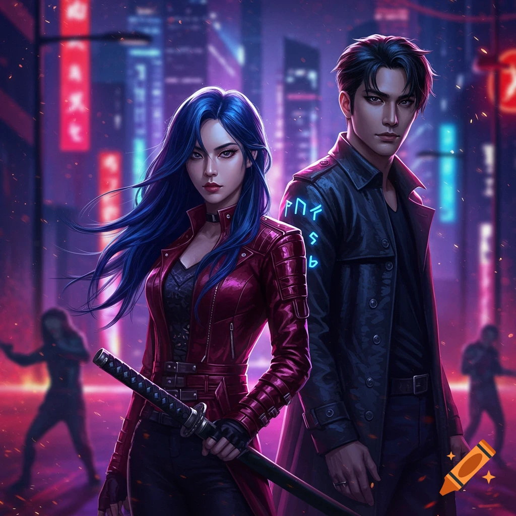 A woman with blue hair holding a katana and a man in a trench coat stand in a neon-lit cyberpunk city.