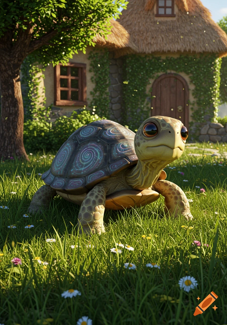A cute, big-eyed fantasy turtle sits in a grassy field with wildflowers in front of a rustic house. Digital art.