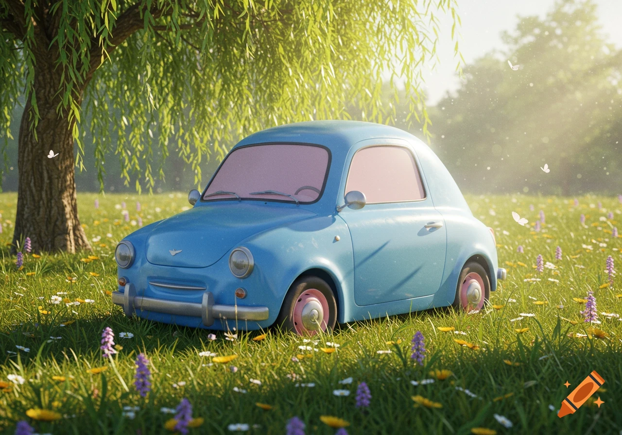 A cute, light blue, cartoon-style car with pink windows and wheels sits in a sunny green meadow filled with wildflowers under a weeping willow tree.