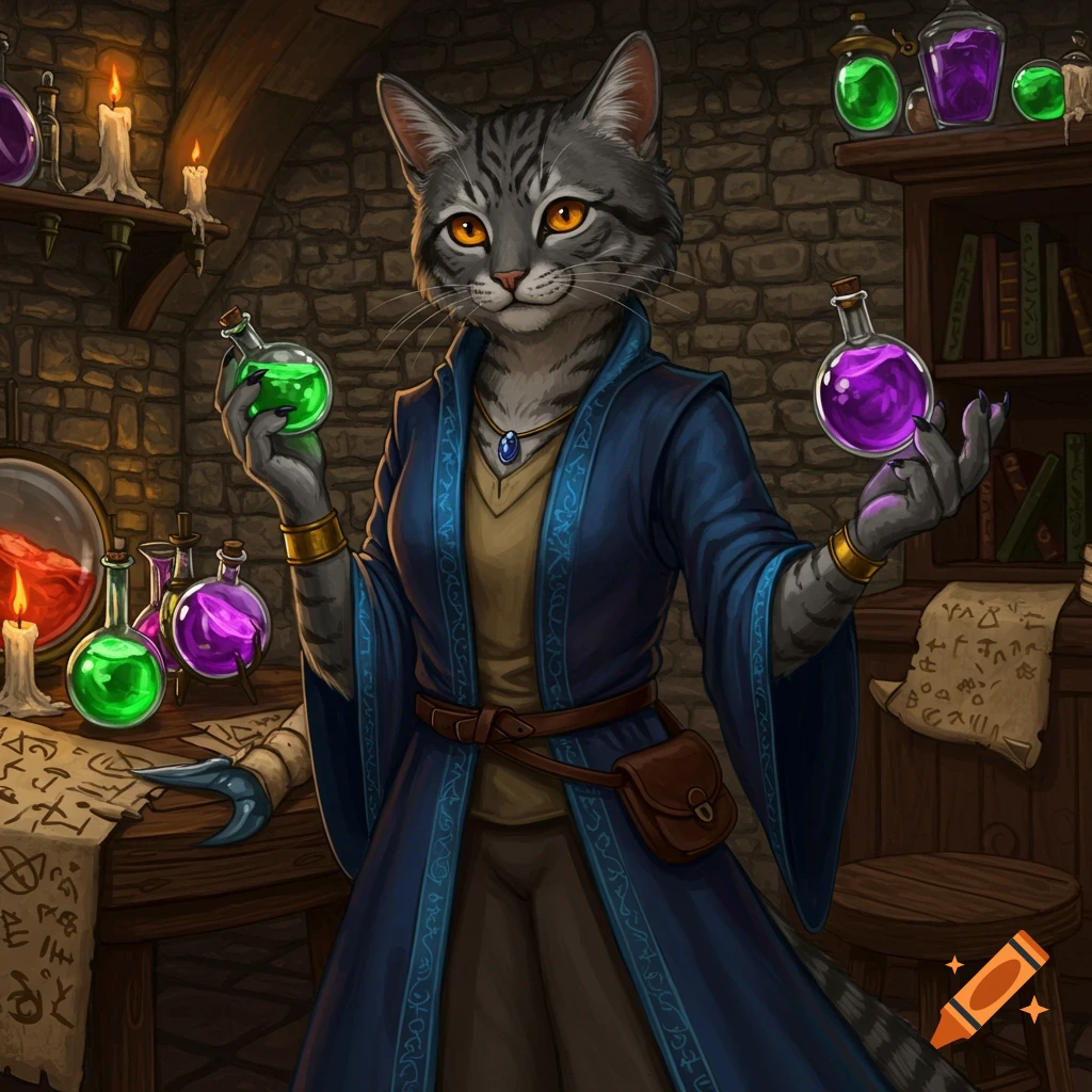 A grey tabby cat-like alchemist holds a green and a purple potion in a dimly lit, stone-walled laboratory.