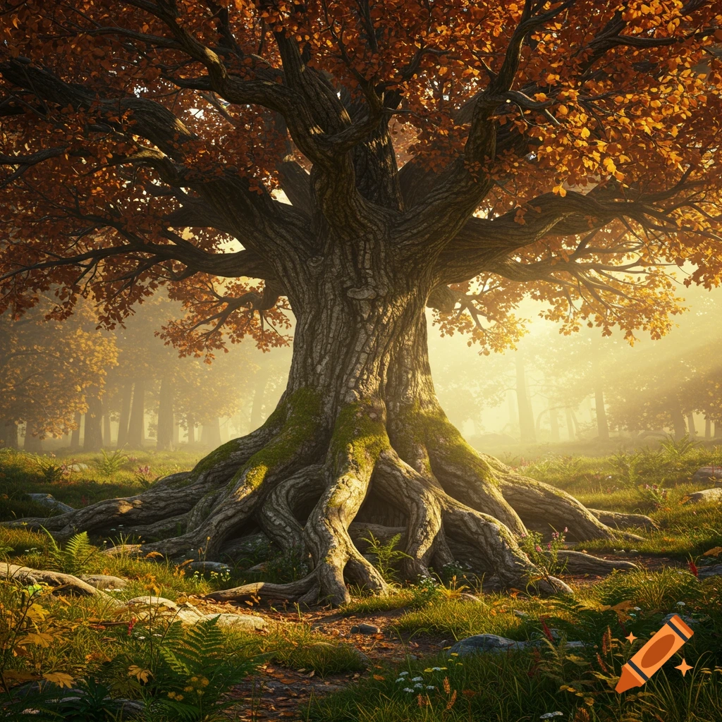 A majestic ancient tree with a thick trunk and gnarled roots, covered in moss, stands in an autumn forest bathed in golden light.
