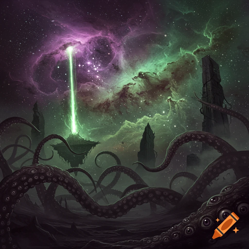 Dark cosmic horror scene with glowing green nebula, tentacles covered in eyes, floating island with light beam, and ancient monoliths.