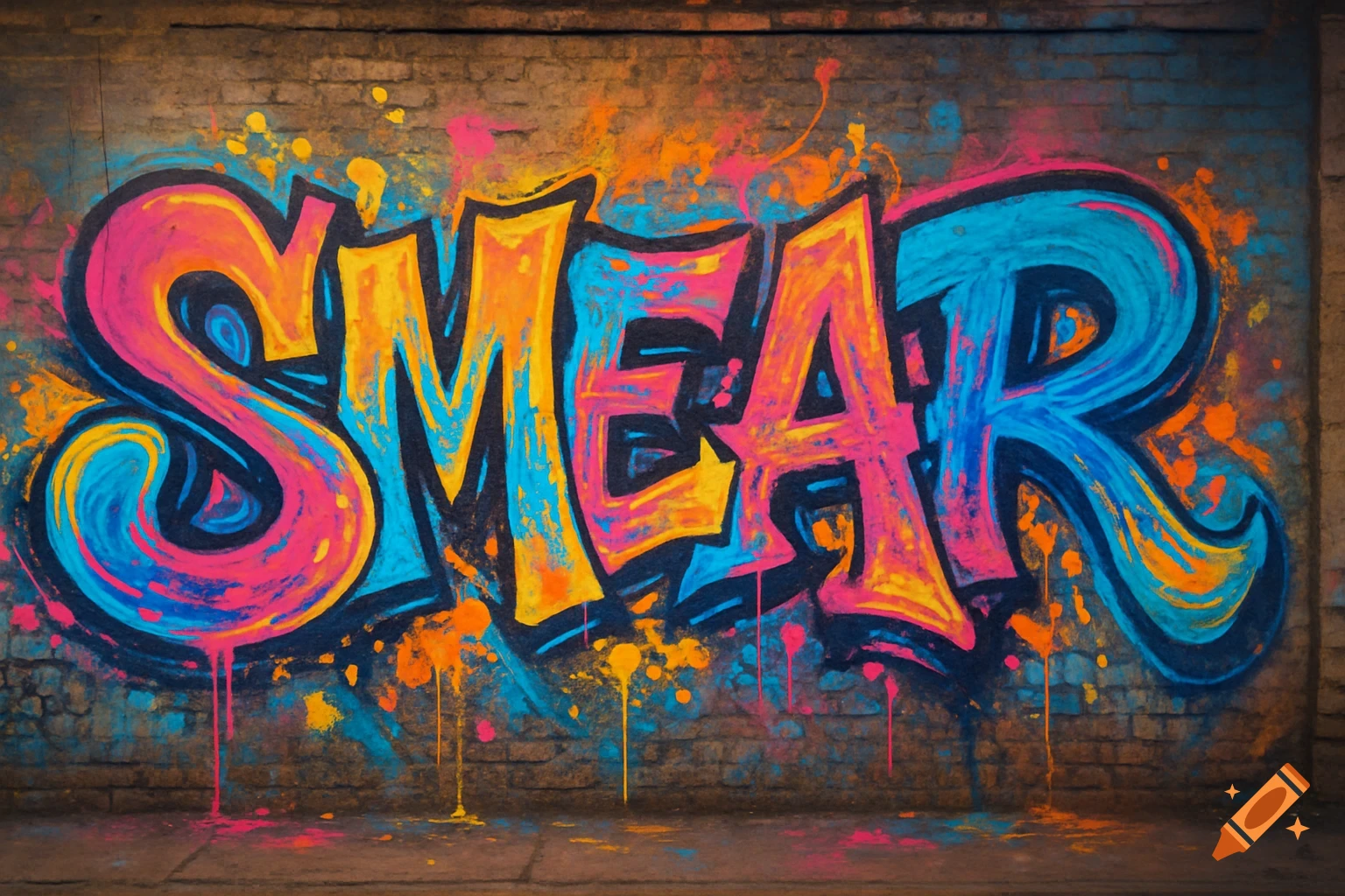 Colorful graffiti spelling 'SMEAR' on a brick wall, with paint drips and splatters.