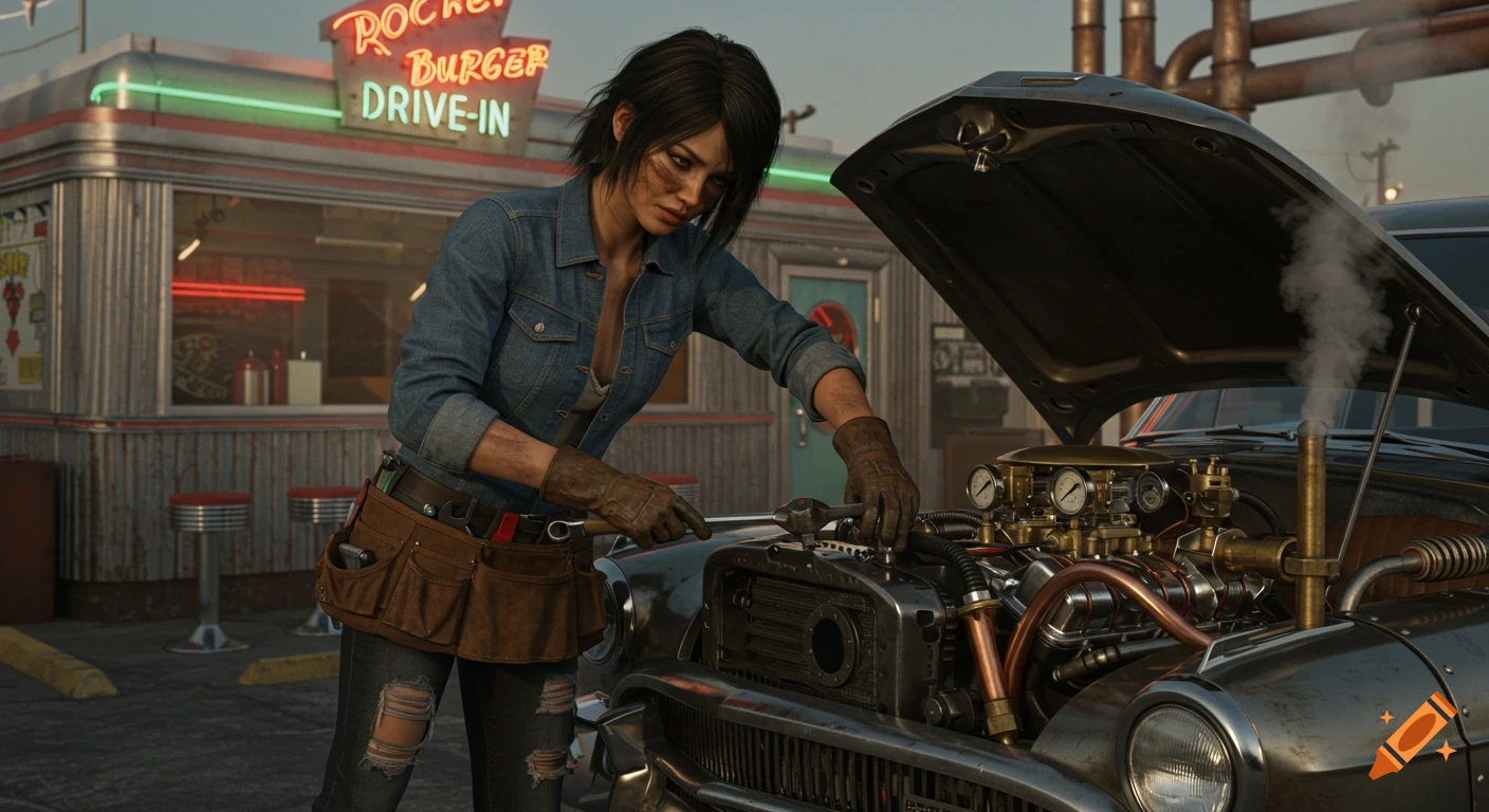 A hyper-realistic image of a woman mechanic in a denim jacket fixing a vintage dieselpunk car with brass parts outside a neon-lit Rocket Burger diner.