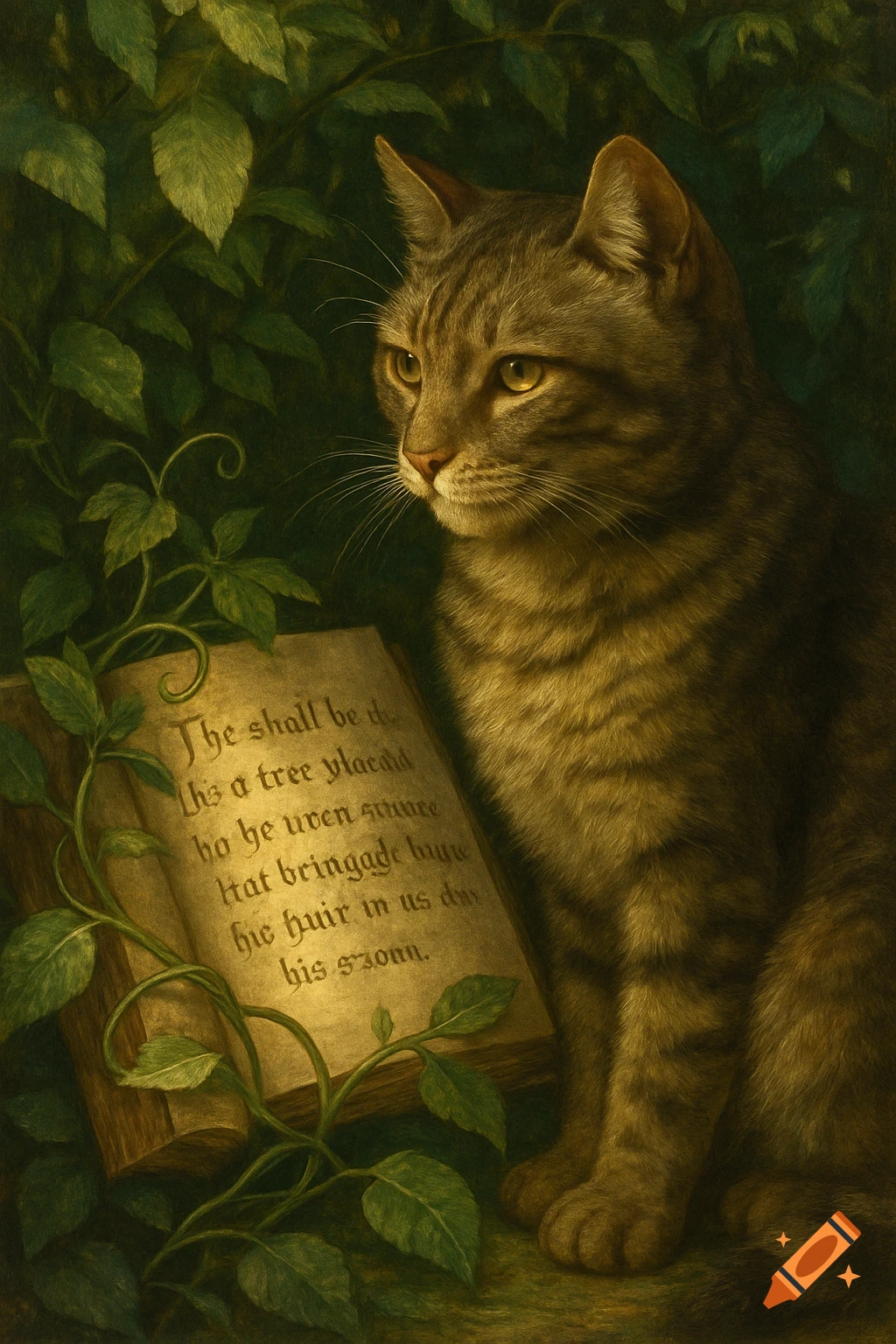 A tabby cat sits next to an open book with illegible text and green vines in a classical painting style.