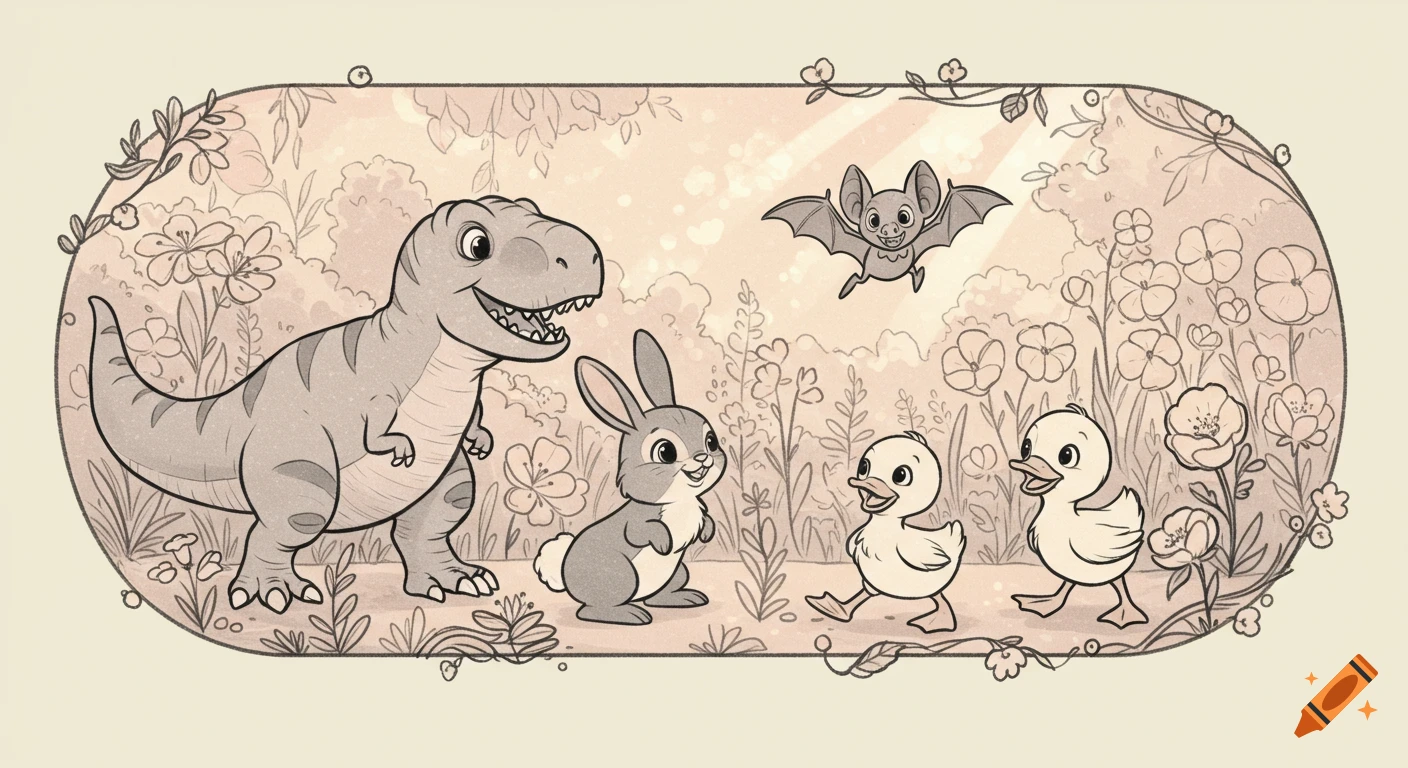 A black-and-white whimsical illustration of a friendly T-Rex, bunny, bat, and two ducklings in a garden with flowers and vines.