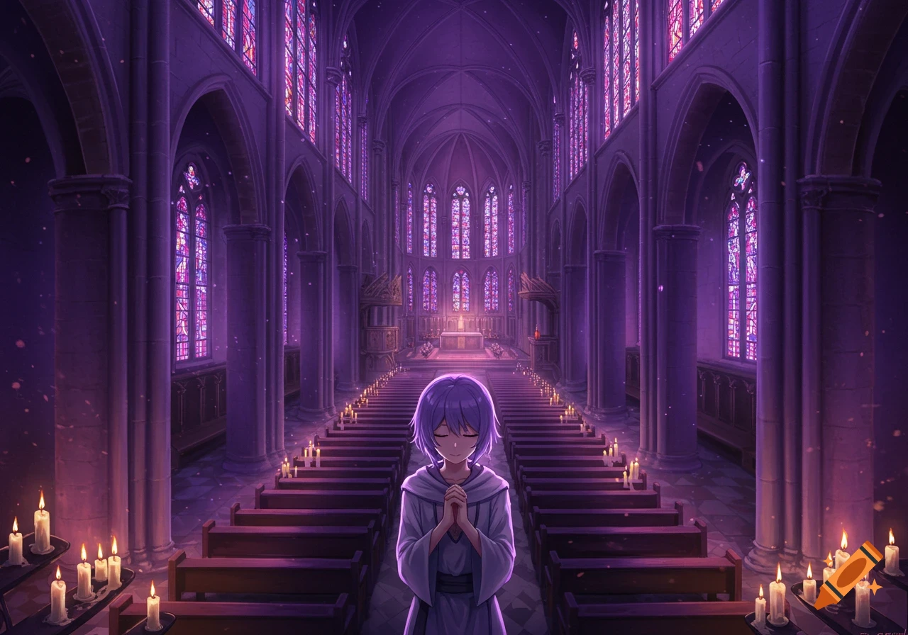 An anime-style person with purple hair prays in a vibrant purple cathedral lit by candles.
