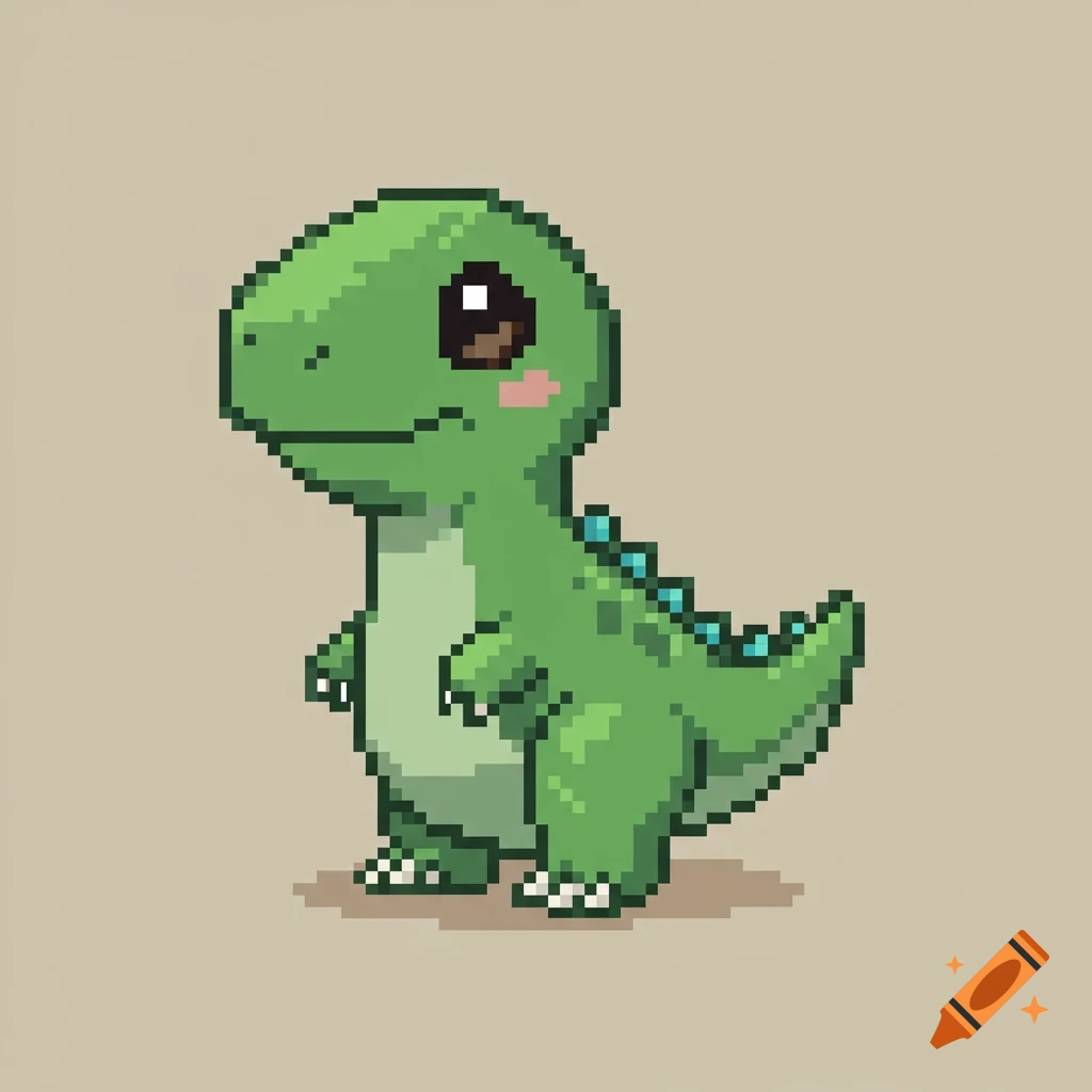 A cute green pixel art dinosaur with big eyes and pink cheeks smiles, standing against a plain background.