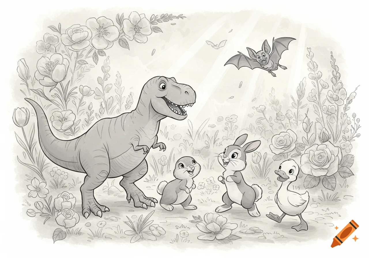 A black-and-grey cartoon illustration of a T-Rex, two bunnies, a duckling, and a bat playing in a whimsical flower garden.