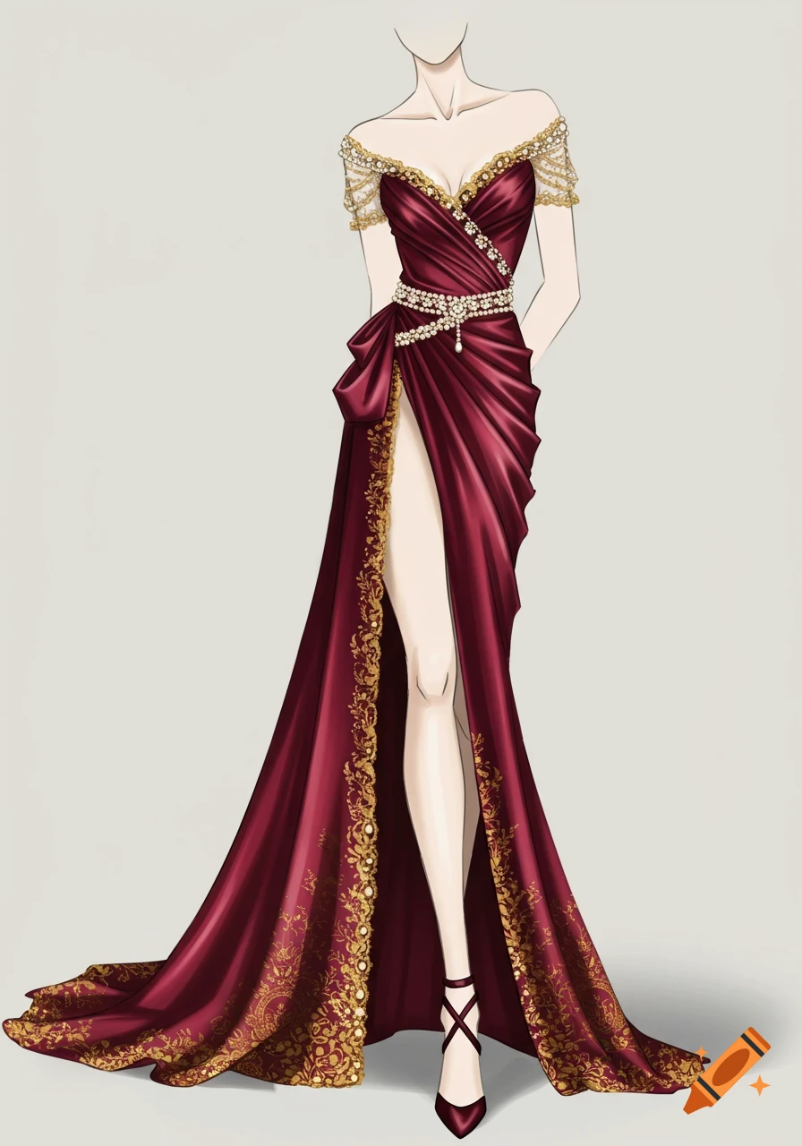 A fashion sketch of a woman in a long, off-the-shoulder crimson gown with gold patterns, pearl details, and a high leg slit.