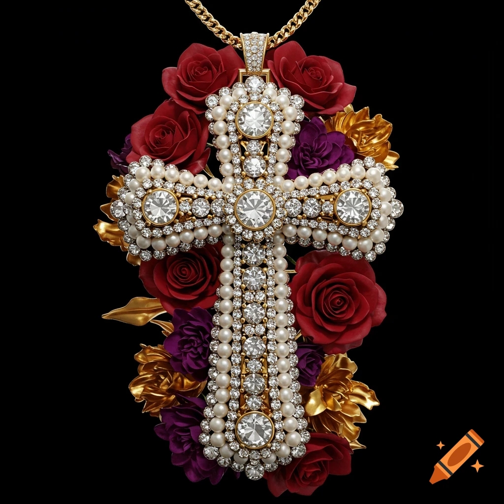An ornate gold cross pendant, adorned with diamonds and pearls, surrounded by red and purple roses and gold leaves, on a black background.