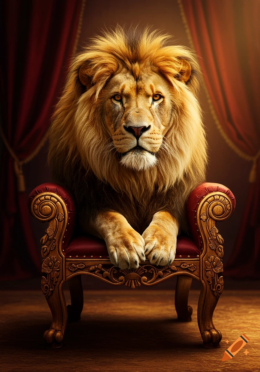 A majestic lion with a golden mane sits regally on a red and gold velvet throne, with red curtains in the background.