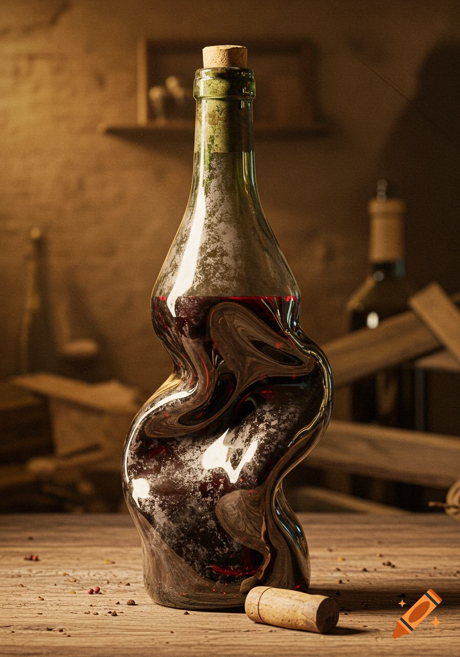 A distorted, wrinkled glass bottle of red wine with a dusty appearance and cork, on a rustic wooden table in dim light.