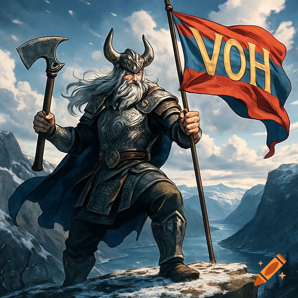 A bearded Viking warrior in armor and horned helmet holding an axe and a 'VOH' flag on a snowy mountain.