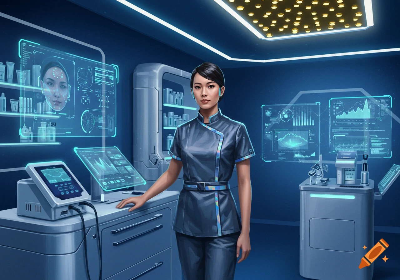 A female aesthetician in a futuristic blue uniform stands in a high-tech lab with glowing holographic screens and advanced equipment.