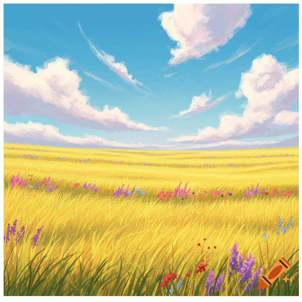 A vibrant illustrative painting of a yellow grassy field dotted with colorful wildflowers under a bright blue sky with white clouds.