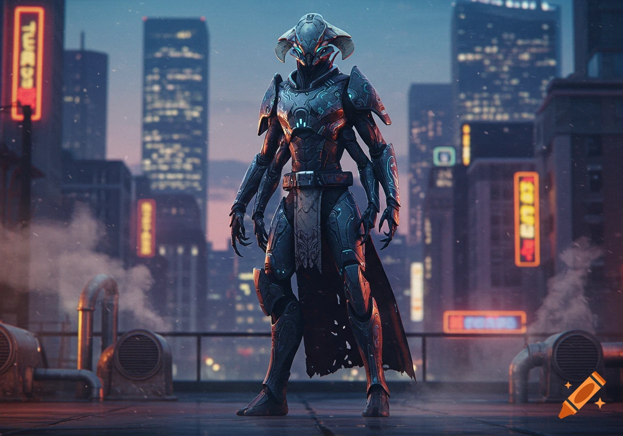 An armored alien-like creature stands on a futuristic city rooftop at dusk, with glowing neon signs in the background.