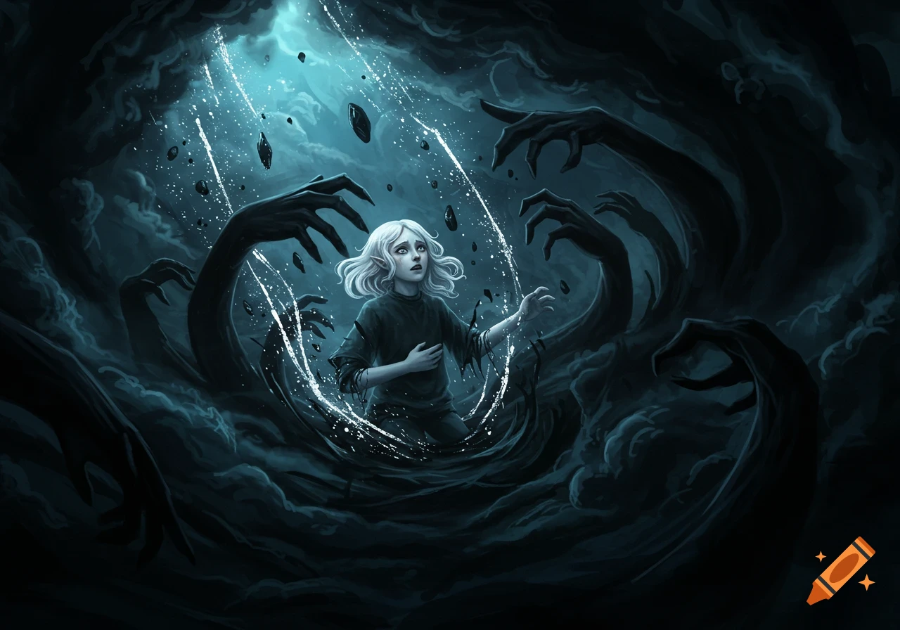 A distressed person with white hair reaching out, surrounded by shadowy hands in a dark, swirling abyss, under a light beam.
