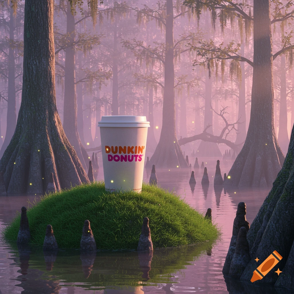 A giant Dunkin' Donuts coffee cup sits on a small grassy island in a misty, purple-hued swamp with tall trees and glowing lights.