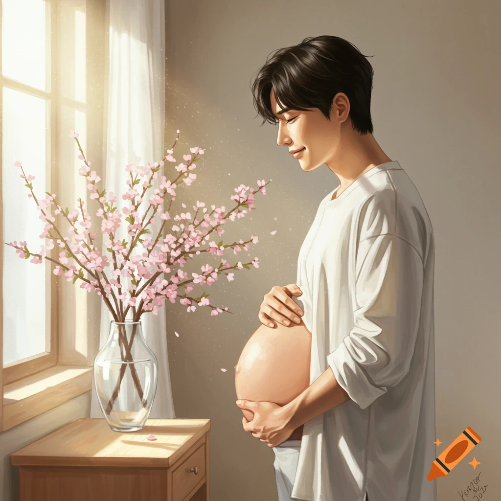 Smiling Korean man with a pregnant belly stands by a sunlit window with pink cherry blossoms.