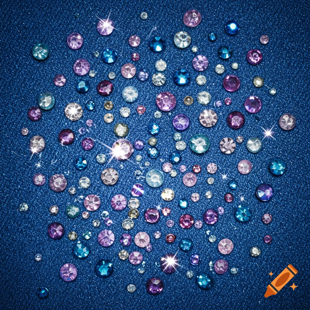 Close-up of colorful sparkling rhinestones scattered on a blue denim fabric.