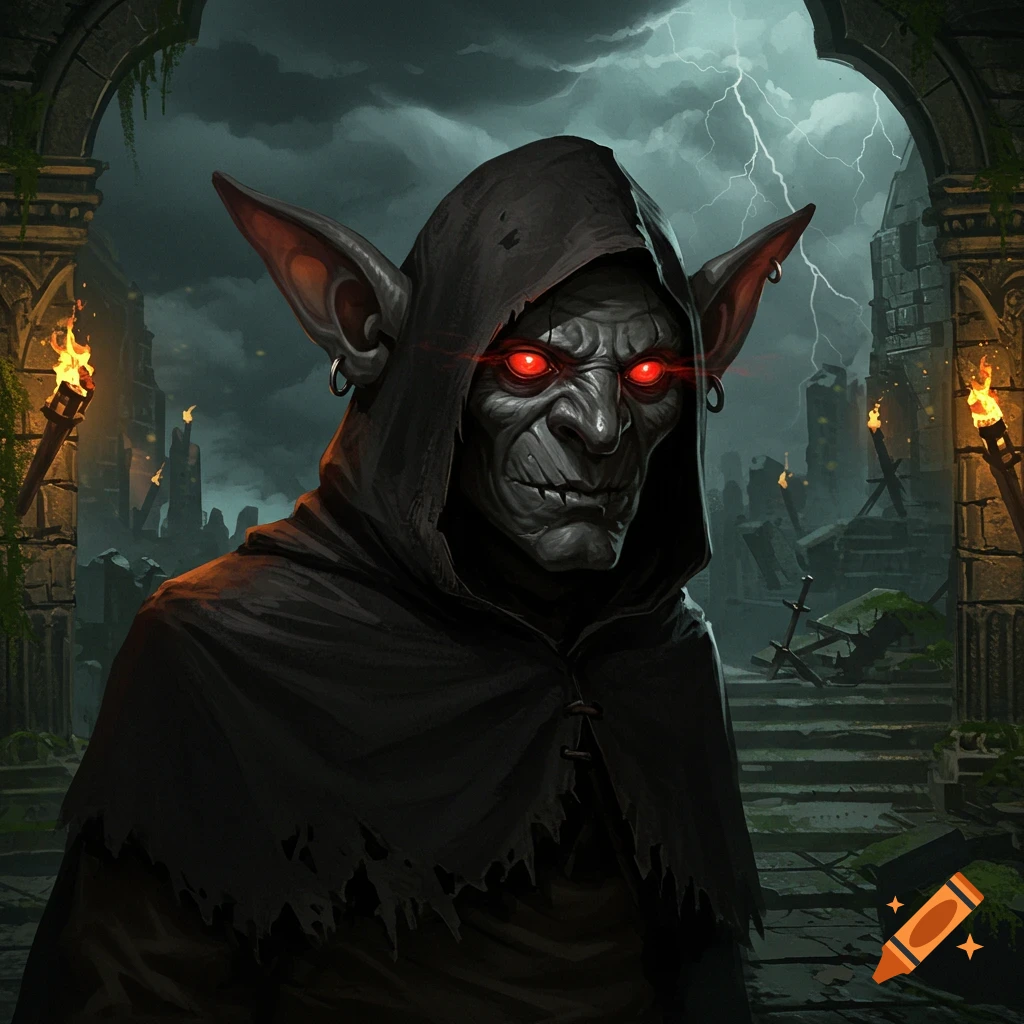 A gray goblin with glowing red eyes wears a black hooded cloak, standing in a ruined, stormy landscape with lightning and torches.