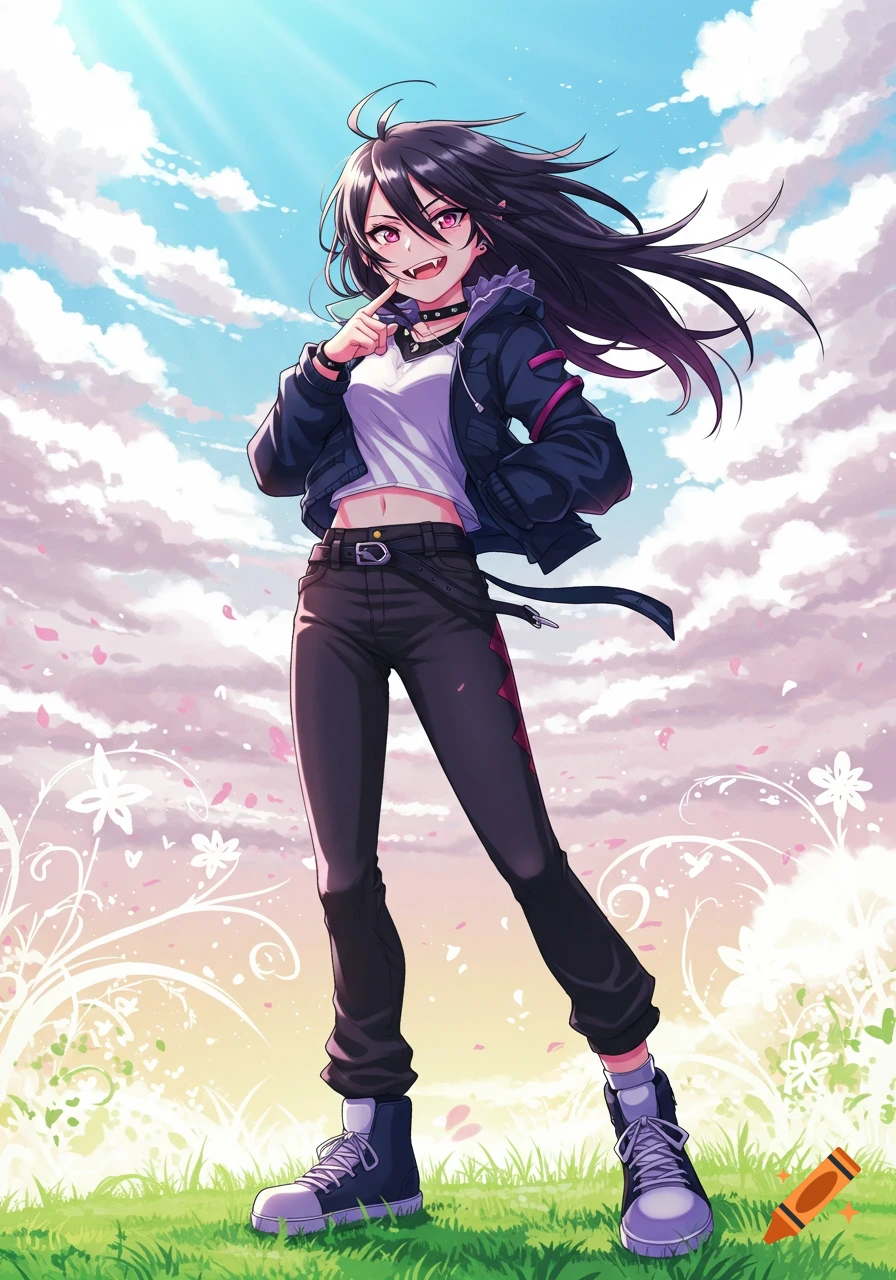 Anime-style woman with dark hair and fangs in a black jacket and jeans stands in a grassy field under a sunny, cloudy sky.
