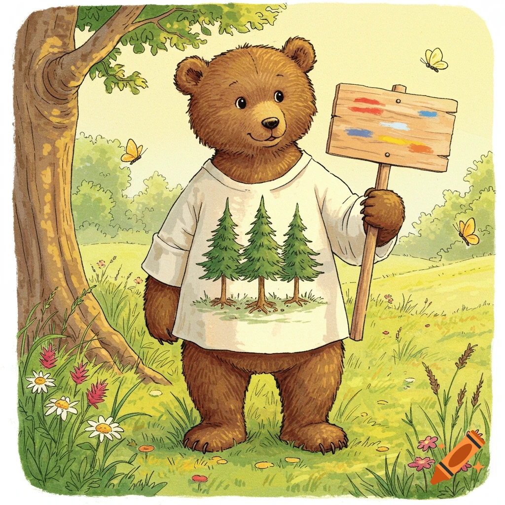 A cartoon bear in a white shirt with trees, holding a picket sign with colorful smudges, stands in a sunny forest with flowers and butterflies.