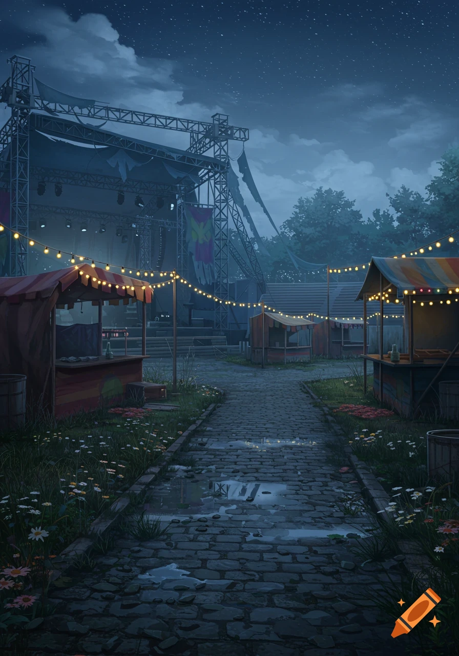 An atmospheric illustration of a deserted event park at night. A cobblestone path leads to a large stage, flanked by small vendor stalls with string lights.