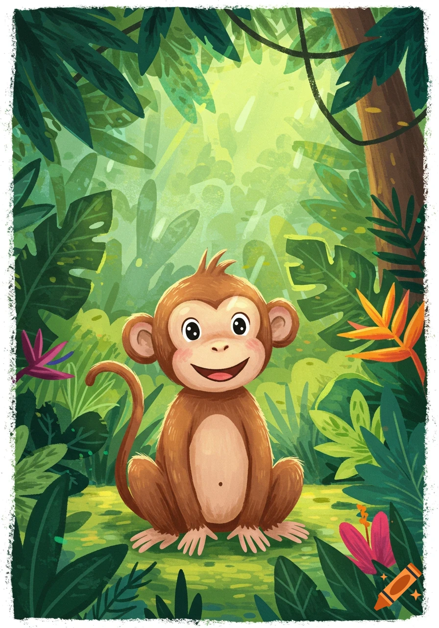 A cute 2D cartoon monkey with a happy smile sits among green jungle foliage and colorful flowers.