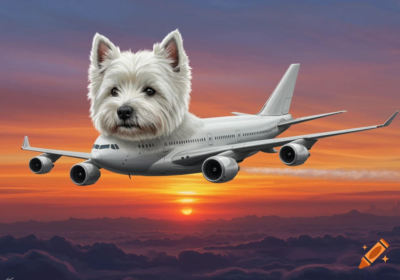 A West Highland White Terrier's head on a Boeing 747 airplane flying through a sunset sky.