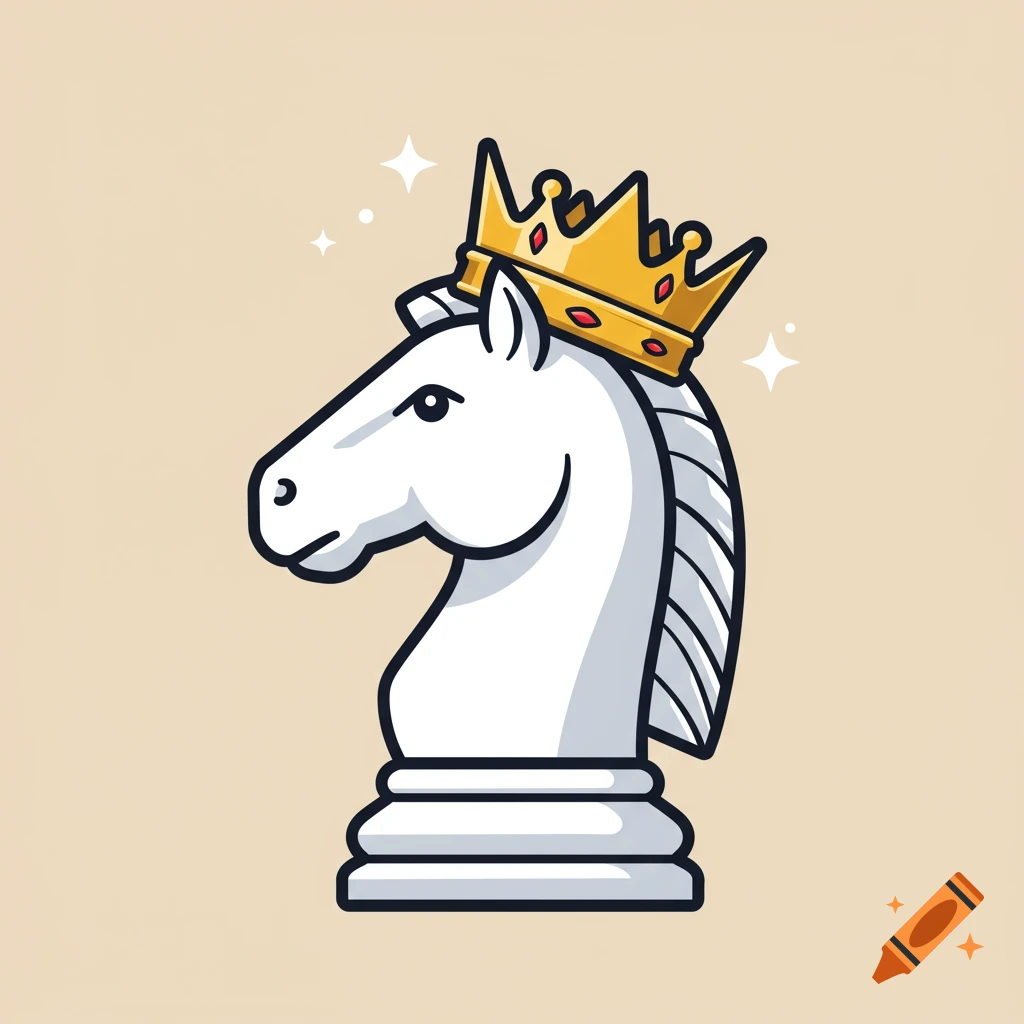 A simple 2D cartoon illustration of a white chess knight in side profile, wearing a gold crown.