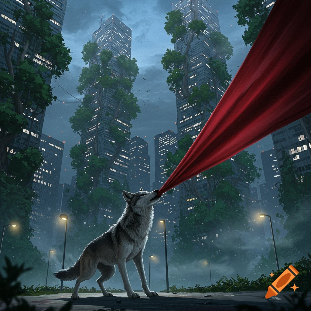 A grey wolf pulls a red fabric in an overgrown city with tall, tree-covered buildings under a dark sky.