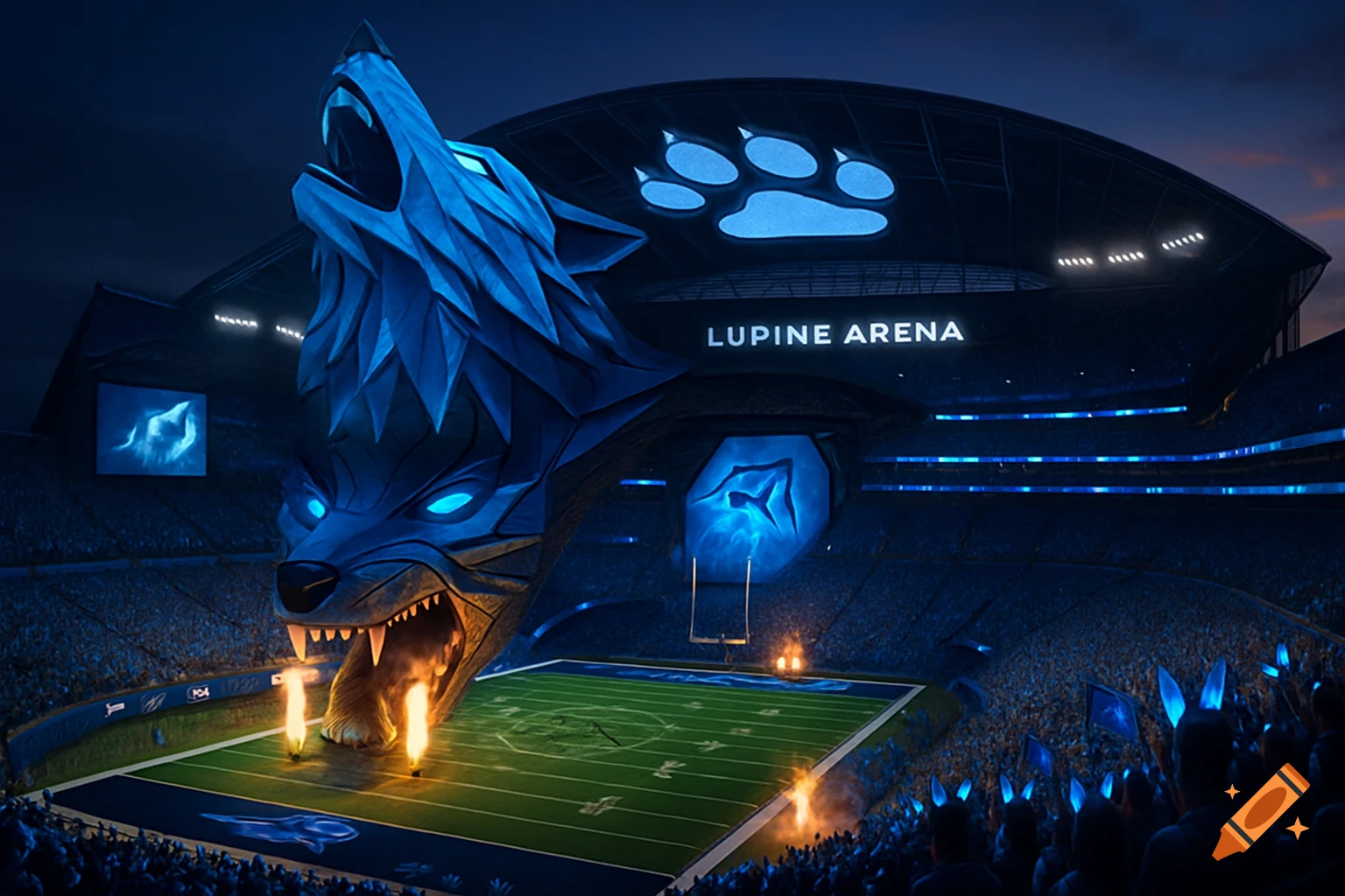 A large, stylized blue wolf's head structure overlooking a football field in a futuristic stadium at night.