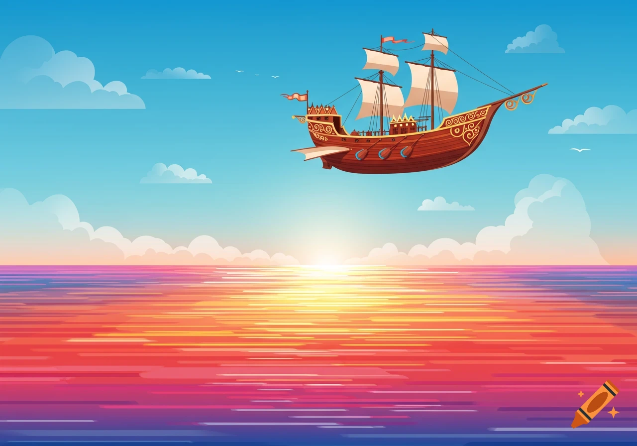A flying boat with sails soars above a vibrant rainbow-colored sea under a blue sky with a bright sun reflection.