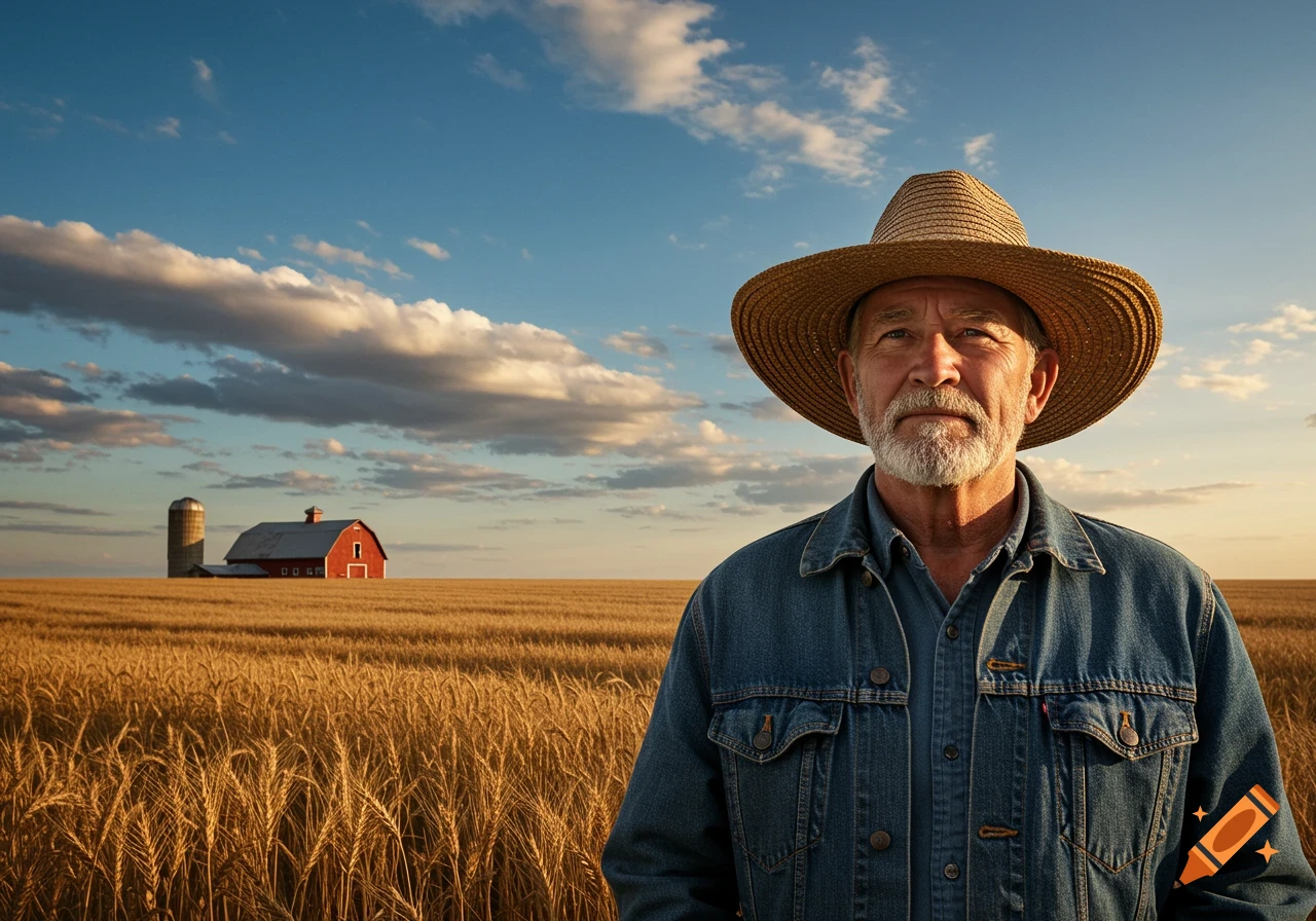 Photorealistic portrait of an older farmer in a straw hat and denim, standing in a golden wheat field with a red barn and silo.