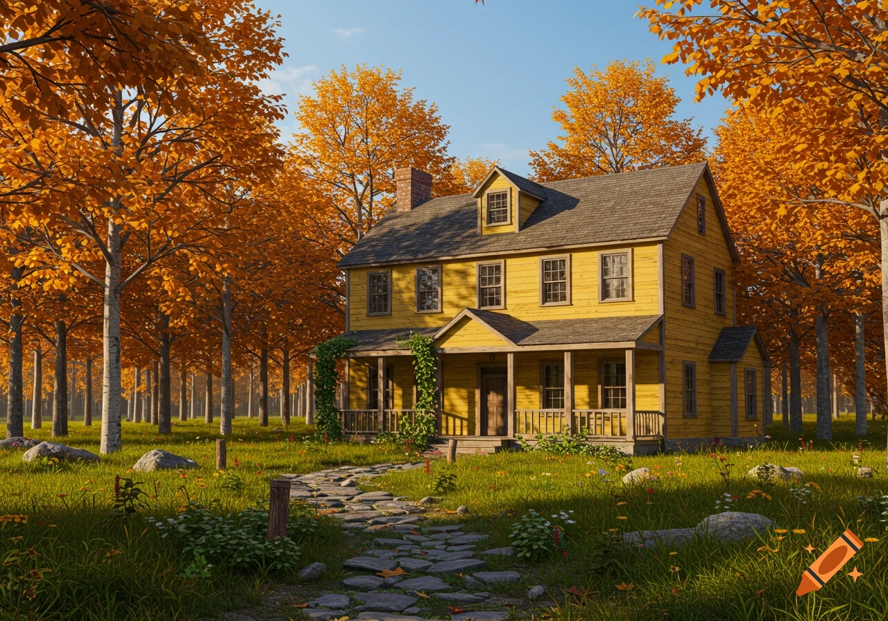 A yellow house with a porch and dormer windows stands in a sunlit autumn forest, surrounded by orange trees, green grass, and a stone path.