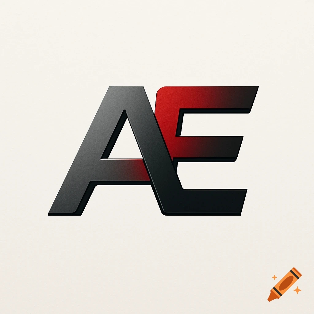 A modern logo featuring the letters 'AE' in a bold, metallic black and red gradient, on a light background.