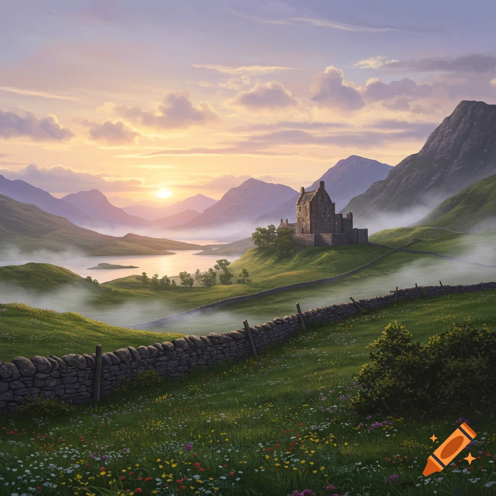 A stone castle on a hill overlooks a misty lake and mountains at sunset, with green fields and wildflowers in the foreground.