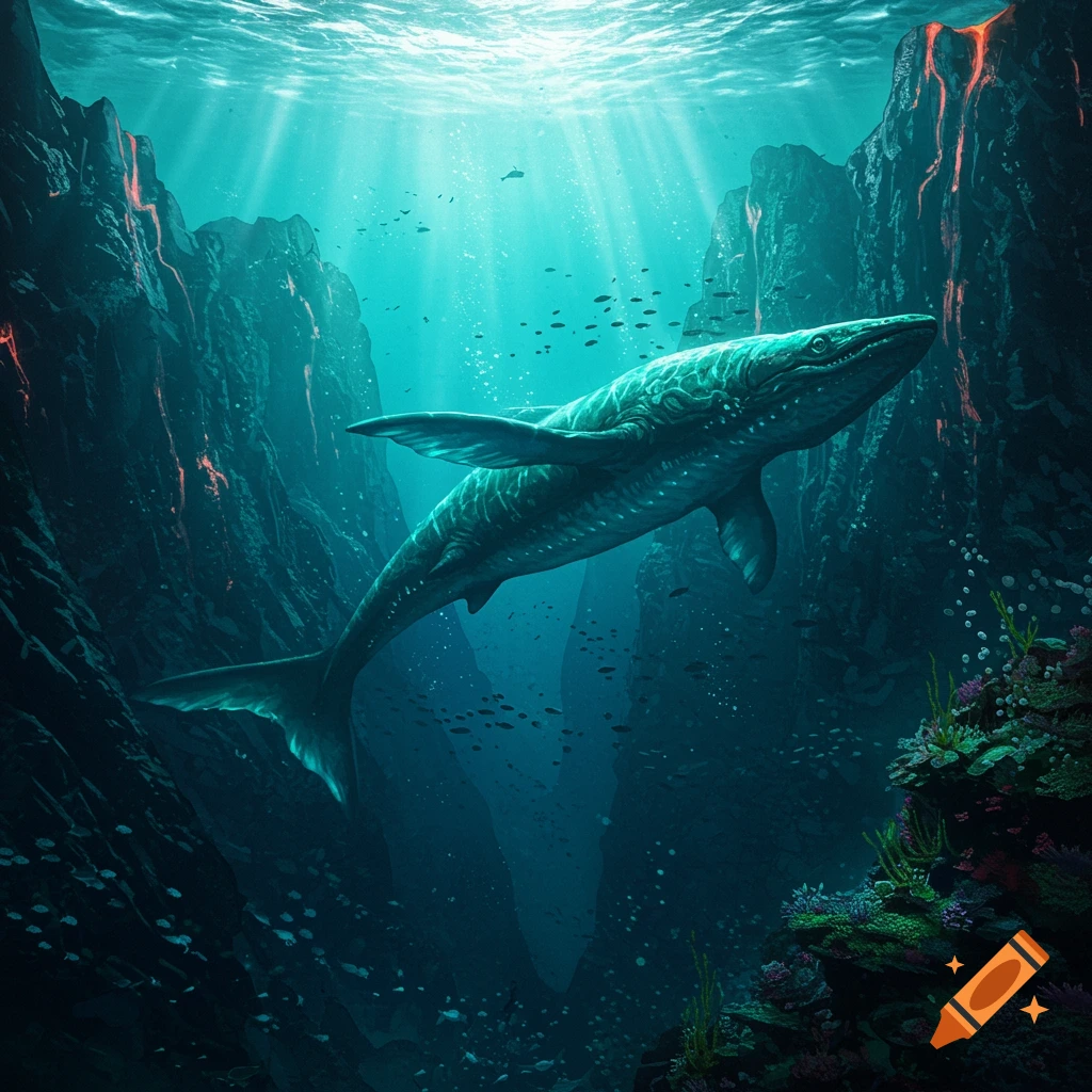 A huge, scaled leviathan swims through a deep underwater canyon with glowing volcanic obsidian cliffs, bathed in rays of light.