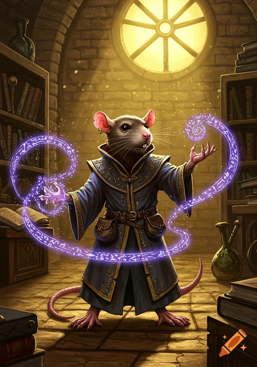 A humanoid rat wizard in a blue robe casting a purple glowing spell in a library.