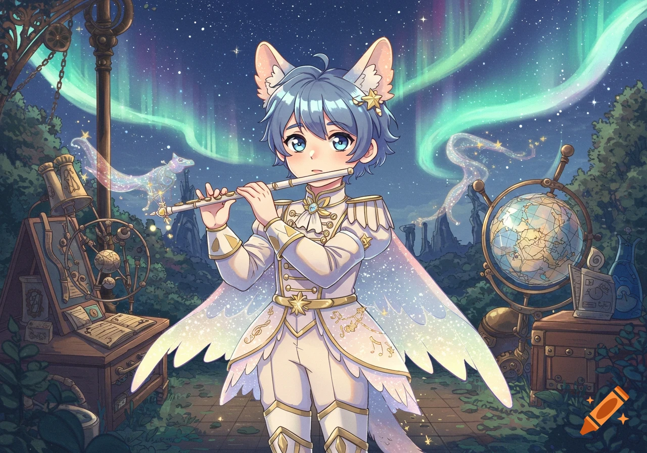 An anime-style character with blue hair and cat ears, wearing a white and gold fantasy uniform, playing a flute under a vibrant aurora borealis sky. Scattered notes and celestial patterns adorn the scene, with a glowing fox constellation in the background.