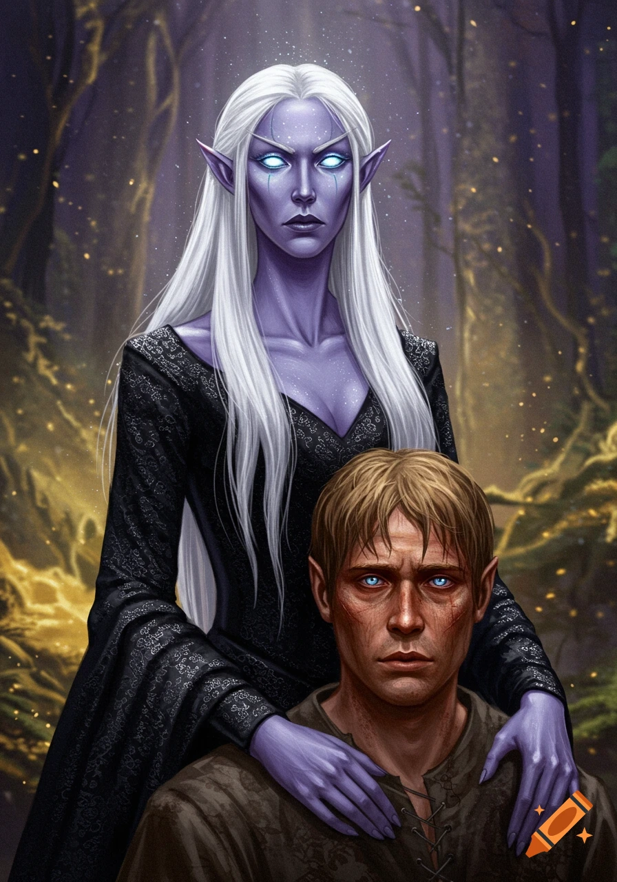 A pale purple-skinned, white-haired fae woman with glowing eyes stands behind a scarred, brown-haired man with blue eyes in a dark forest.