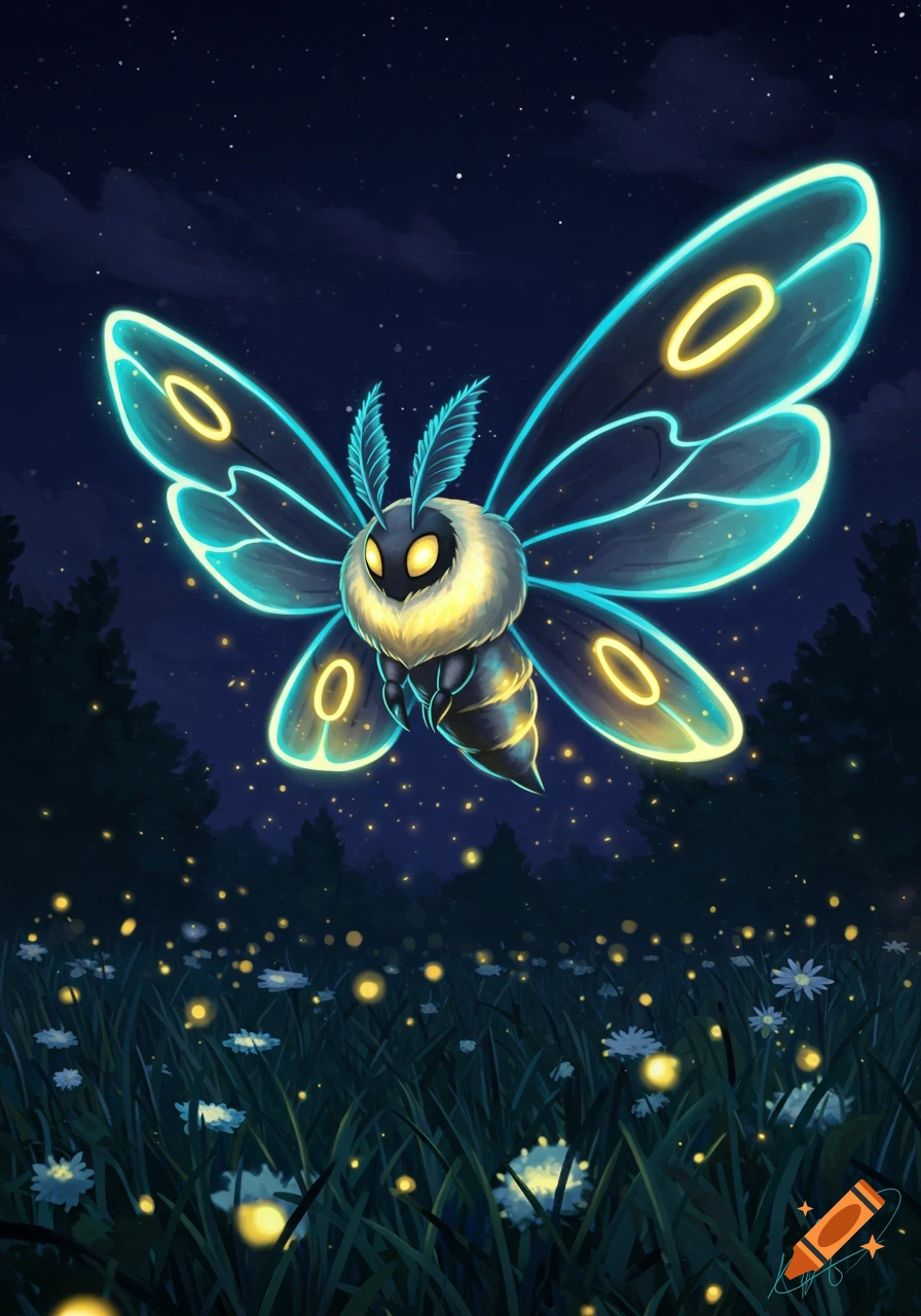 A glowing blue and yellow moth-like creature flies over a dark forest with glowing white flowers and fireflies at night.