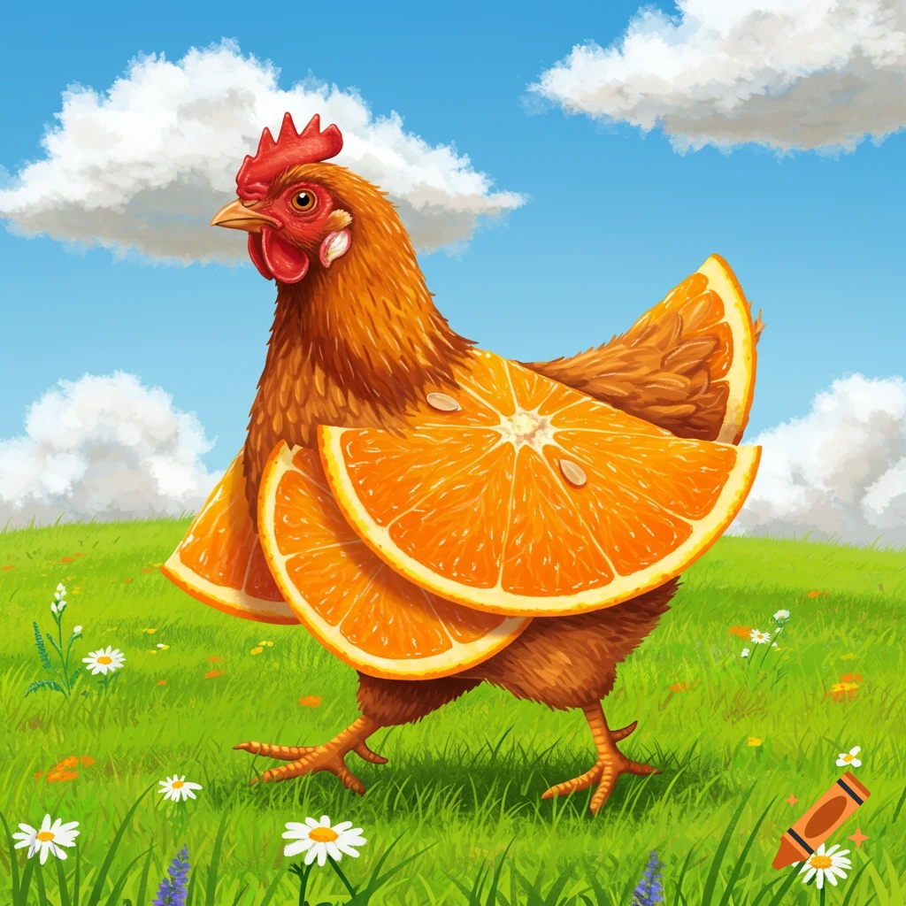 A whimsical chicken with orange slices for feathers stands in a vibrant green field with daisies under a blue sky.