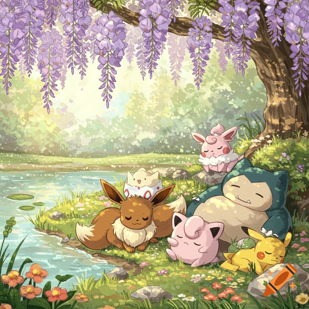 Cute chibi Pokemon characters, including Eevee, Snorlax, Pikachu, Jigglypuff, and Togepi, nap peacefully by a lake under purple wisteria blossoms in a soft, pastel illustration.